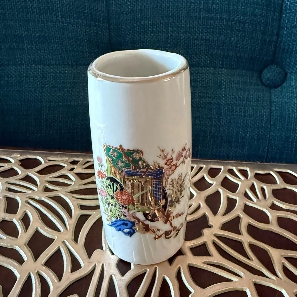 Vintage Japanese Ceramic Miniature Vase with Rickshaw Design